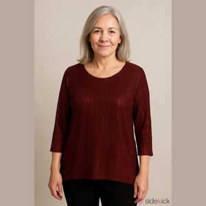 CJ Banks, red ribbed, metallic three-quarter length sleeve scoop neck blouse 2X